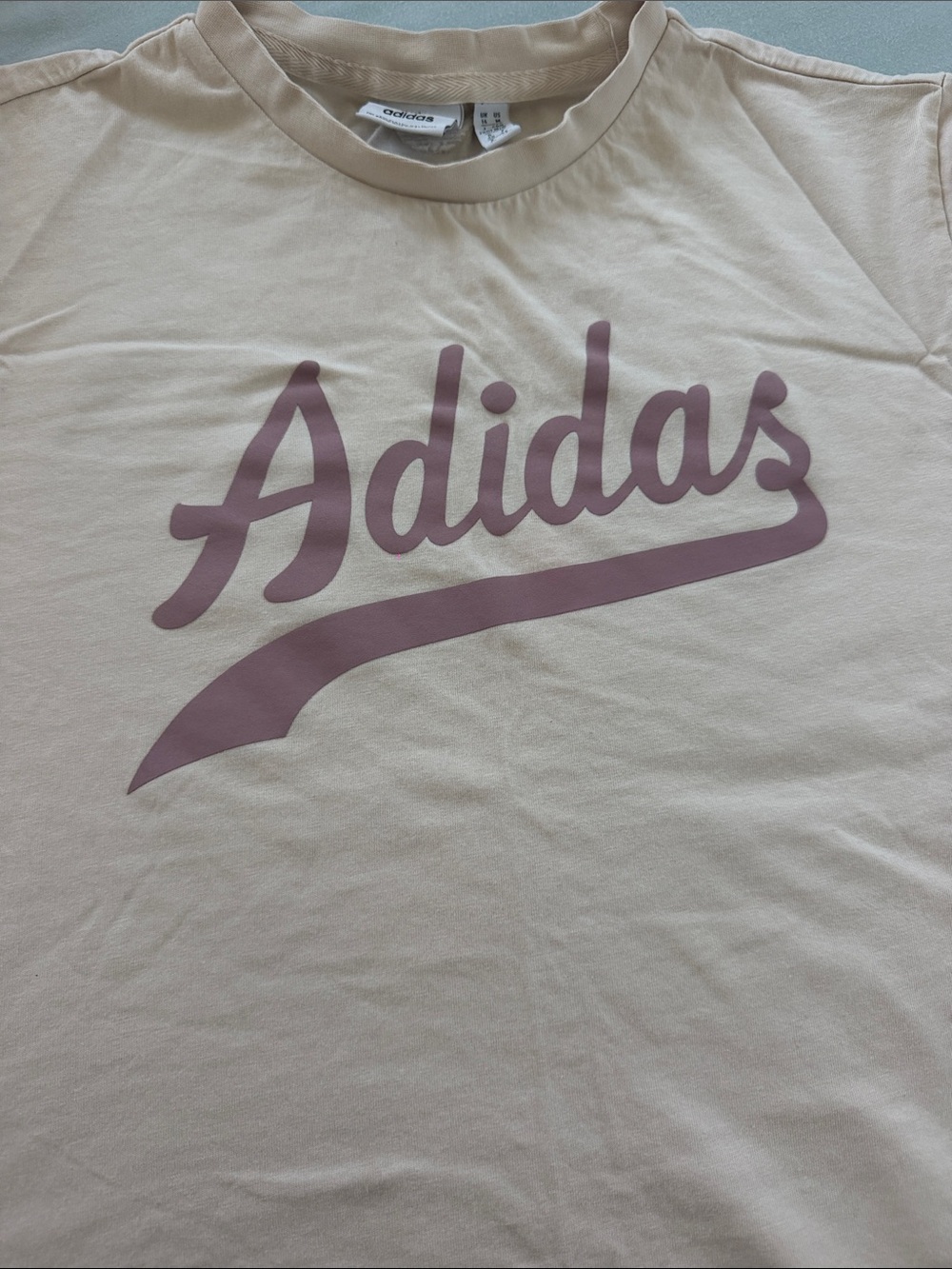 adidas Beige Short-Sleeve Tee with Mauve Script Logo